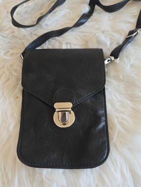 Sleek Black Crossbody Phone Bag with Silver Hardware